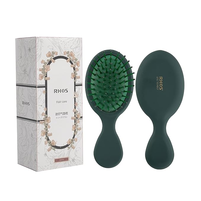 RHOS Mini Hair Brush for Women,Men and Kids-Travel Size Hair Brush for Purse,Pocket,backpack-Small Cushion Paddle Brush with Soft Bristles-Mini Detangler Brush for All Hair Types(1 Pack-Green)