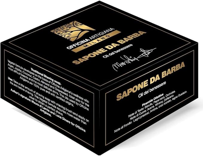 Officina Artigiana Milano Traditional Shaving Soap 150 ml – Luxury Italian artisan wet shaving bar with 40% wellness oils & shea butter – almond‑scented – vegan skincare
