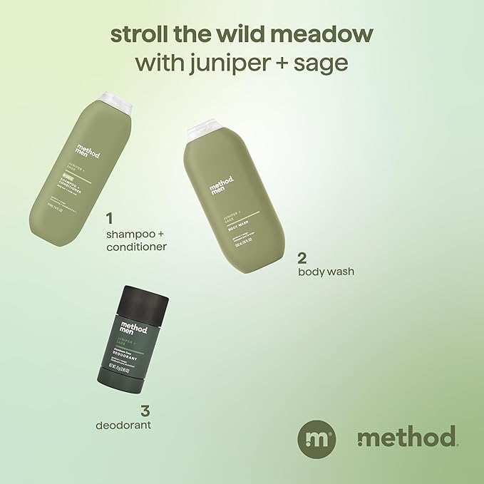 Method Men 2-in-1 Shampoo and Conditioner, Juniper + Sage - Cleans and Conditions in One Step with a Herbaceous Scent - Paraben free, and Silicone Free - 14 Fl Oz, Pack of 3