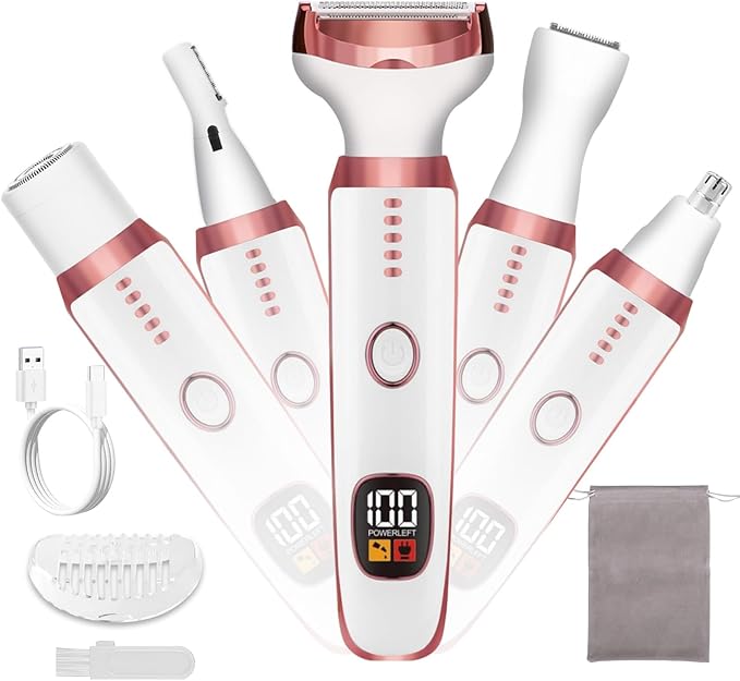 Women's Cordless Portable 5-in-1 Painless Shaver, Suitable for Body, Face, Nose Hair Trimmer, Bikini Area, Armpits, Pubic Hair, Underarms, Legs, and Eyebrows