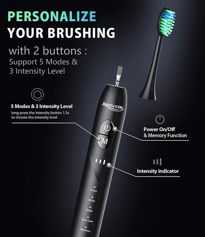 BAOVERI Electric Toothbrush for Adults&Kids, 42000 VPM Rechargeable Sonic Toothbrush with 8 Brush Heads, 5 Modes & 3 Intensity Levels, IPX7 Waterproof, 2-Min Smart Timer, 4 H Fast Charge for 60 Days