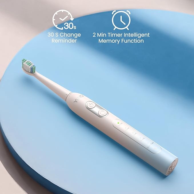 YUNCHI Sonic Electric Toothbrush, Electric Toothbrush for Adults and Kids, Rechargeable Battery Toothbrushes, 4 Brush Heads, 2 Min Timer, IPX7 Waterproof, 5 Modes, Blue Yellow Gradient