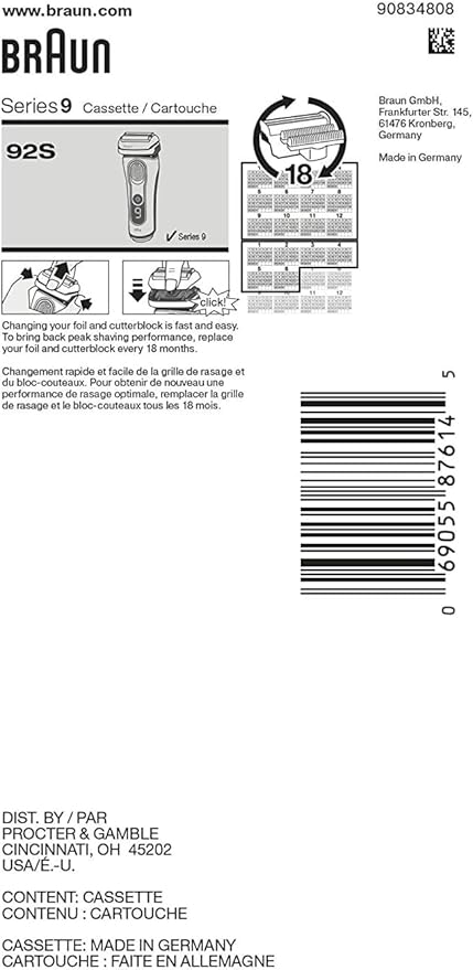 Braun Series 9 Electric Shaver Replacement Head - 92S - Compatible with all Series 9 Electric Razors 9290cc, 9291cc, 9370cc, 9293s, 9385cc, 9390cc, 9330s, 9296cc (Pack of 10)