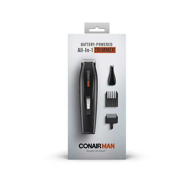 ConairMAN All-in-One Beard Trimmer for Men, Includes Nose and Ear Hair Trimmer, with 5-Position Comb Attachment, 4 piece Men's Grooming Kit, Battery Operated