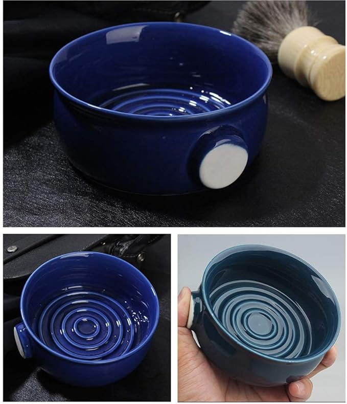 ZJchao Shaving SOAP Bowl HIGH Capacity Ceramic SOAP Cup Men Shaving Convex CONCAVE Spiral Groove Design Easy Foam ARC Closed Non Slip Handle Large (Blue)
