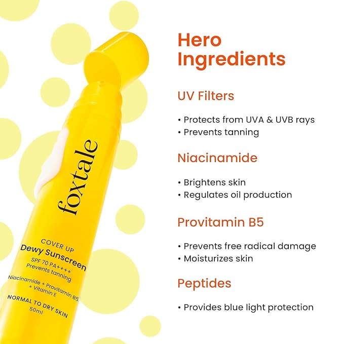 Fox.tale SPF 70 PA++++ Dewy Finish Sunscreen with Niacinamide | Lightweight, Non-Greasy, No White Cast | Broad Spectrum Sun Protection | For All Skin Types | 50 mL