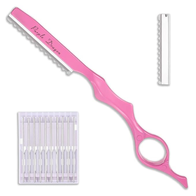 Hair Razors For Cutting Hair 7" Mental Thinning Styling Razors with 10 PCS Sharp Stainless Steel Blades Professional Hairs Styling Tool for Salon and Home (Pink)