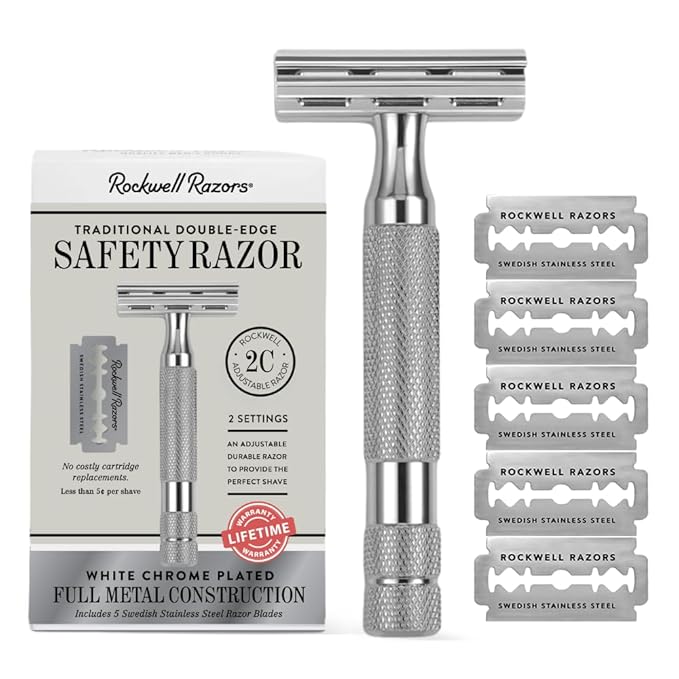 ROCKWELL RAZORS 2C White Chrome Double Edge Safety Razor With Adjustable Shave Settings and 5 Fully Recyclable Razor Blades. Reusable Safety Razors for Men and Women.
