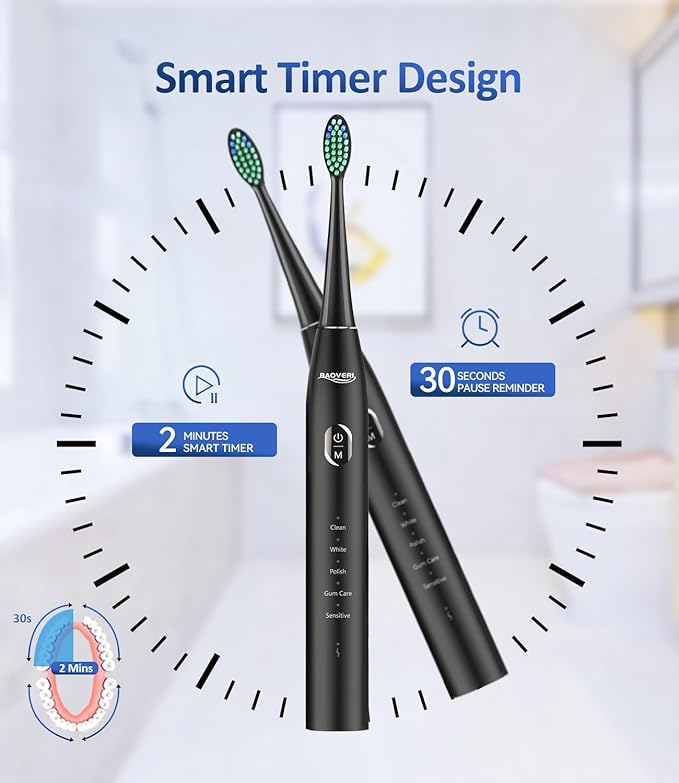BAOVERI Electric Toothbrush for Adults & Kids,Rechargeable Ultrasonic Electric Toothbrush with 6 Dupont Brush Heads, IPX7 Waterproof, 5 Modes, 2 Minutes Smart Timer, 4 Hours Fast Charge for 60 Days
