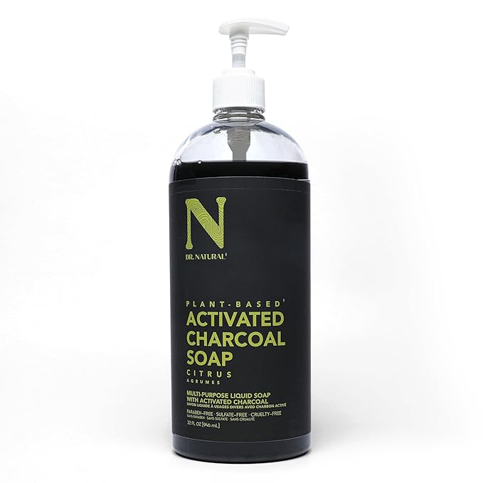 Dr. Natural Activated Charcoal Liquid Soap - Combat Acne and Blemishes - Deep Cleansing Body Wash - Gentle Body Soap for Clear Skin - Citrus - 32 oz
