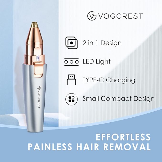 VG VOGCREST 2 in1 Trimmer with Replacement Heads - Rechargeable Facial Hair Removal and Eyebrow Shaver - Face Lips Body Painless Facial Razor with Built-in LED Light (Sky Blue)