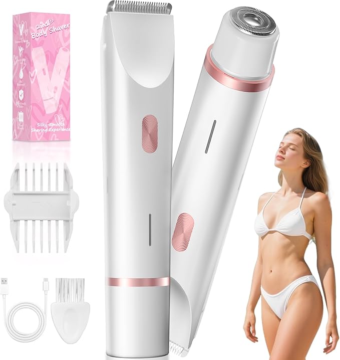 Bikini Trimmer for Women, Dual-Ended Electric Razor Personal Shaver for Bikini Line & Pubic Hair, Waterproof USB-C Rechargeable Body & Face Trimmer for Underarms & Legs (Ivory White)