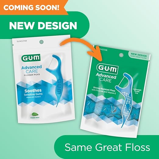 GUM Advanced Care Floss Picks - Dental Flossers for Adults with Vitamin E and Fluoride - Extra Strong Shred-Resistant Dental Floss, Easy Grip Handle, Fresh Mint Flavor, 150 Count
