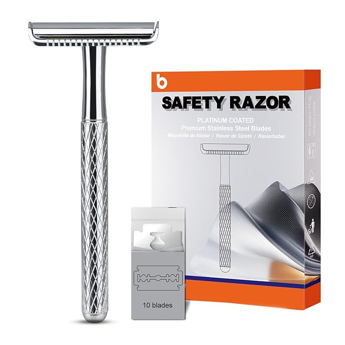 Double Edge Safety Razor, Single Blade Razors with 10 Stainless Steel Safety Razor Blades, Reusable Metal Razor for Men and Women, Plastic Free Shaving, Lightweight & Portable (Shiny Silver)
