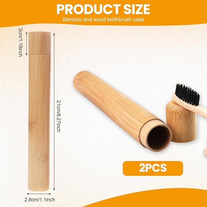 VASANA 2PCS Bamboo Toothbrush Case Portable Toothbrush Container Reusable Toothbrush Holder Personal Cleaning Tools Storage for Daily Use Traveling Camping(21CM)