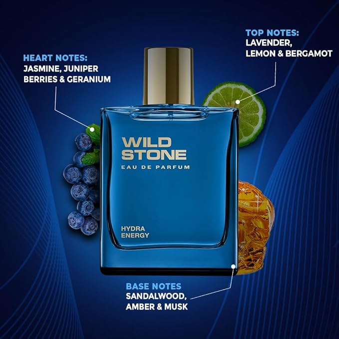 Wild Stone Hydra Energy Eau De Parfum | 3.38oz,100 ml | Luxury EDP Perfume for Men | Intense Long Lasting Premium Fragrance | Woody & Warm Spicy Notes | 100% Liquid Scent | Best Perfume for Gifting