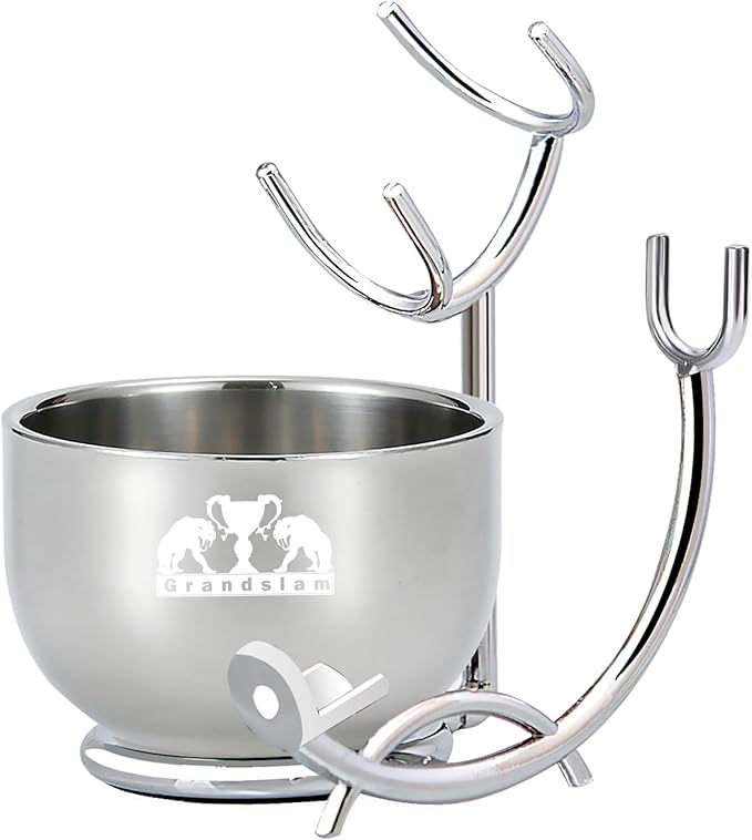 Grandslam Razor & Brush Stand with Double Stainless Steel Bowl Set for Shave Soap, Safety & Straight Razors, Silver