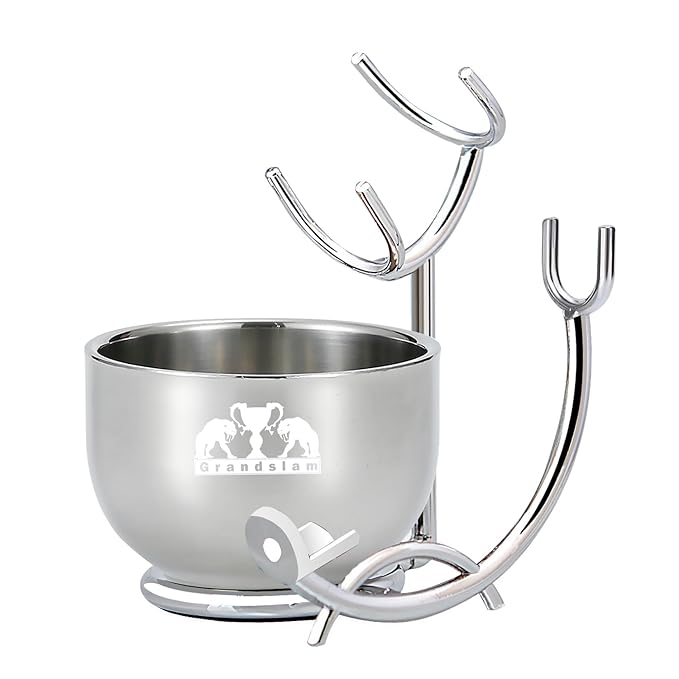 Grandslam Deluxe Shaving Kit for Men, 3 in 1 Shaving Set Includes Shaving Brush, Stainless Steel Shaving Bowl and Razor & Brush Holder, Silver Set