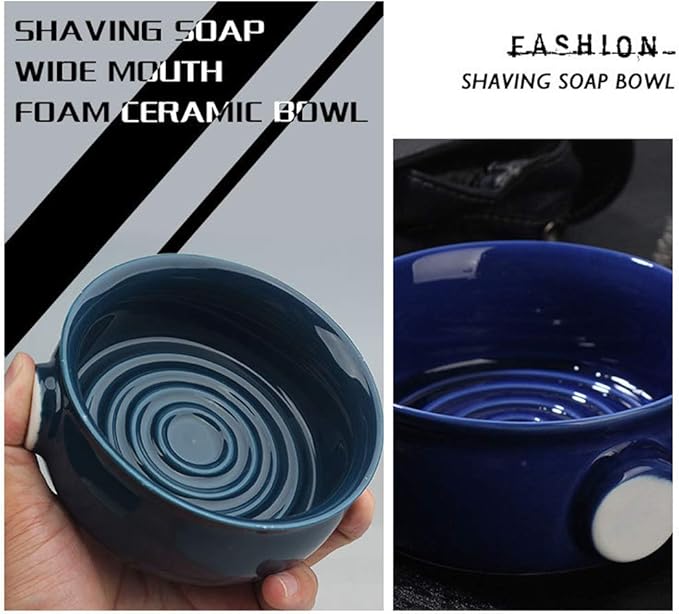 ZJchao Shaving SOAP Bowl HIGH Capacity Ceramic SOAP Cup Men Shaving Convex CONCAVE Spiral Groove Design Easy Foam ARC Closed Non Slip Handle Large (Blue)