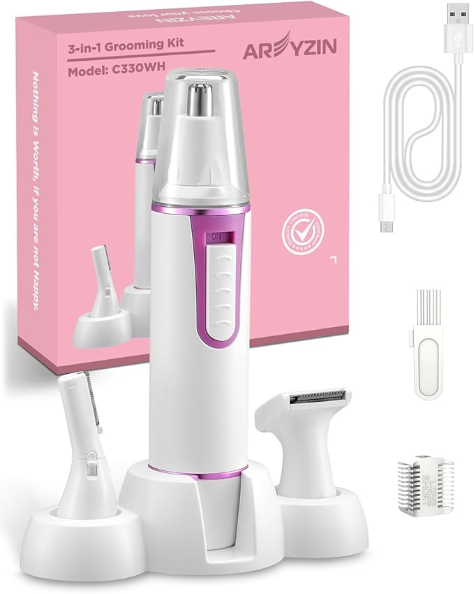 AREYZIN Ear and Nose Hair Trimmer for Men and Women Professional USB Rechargeable Kit IPX7 Waterproof Dual Edge Blades (White)