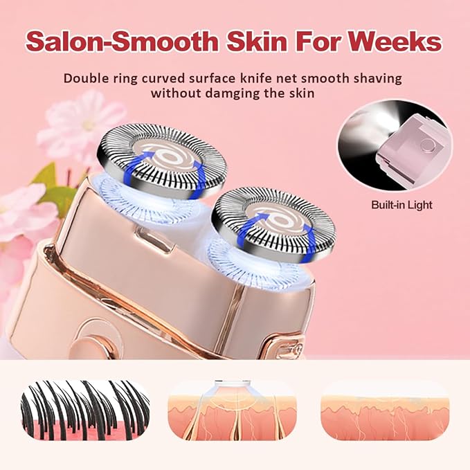 Facial Hair Removal for Women, Portable Painless Lady Shaver with Built-in LED, Wet/Dry Electric Razor Hair Remover Device for Face/Lips/Peach/Fuzz