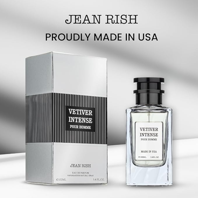 Jean Rish Vetiver Intense Perfume for Men Eau De Parfum, Long-Lasting Luxury Fragrance, Made In USA - Lemon, Mint, Bergamot, Ginger, Sandalwood Scent - 100ml / 3.4 oz
