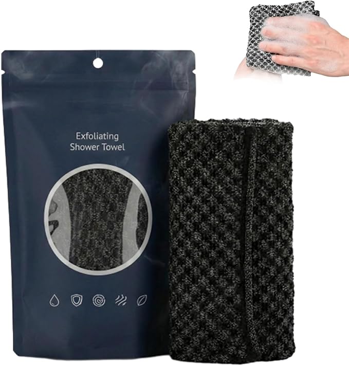 Hexagon Weave Towel, Japanese Hexagon Weave Exfoliating Towel, Scrub Wash Back Bath Cloth for Body Face,Travel Gentle Sensitive Skin Towel,Washcloth Back Body for Men and Women (Black)