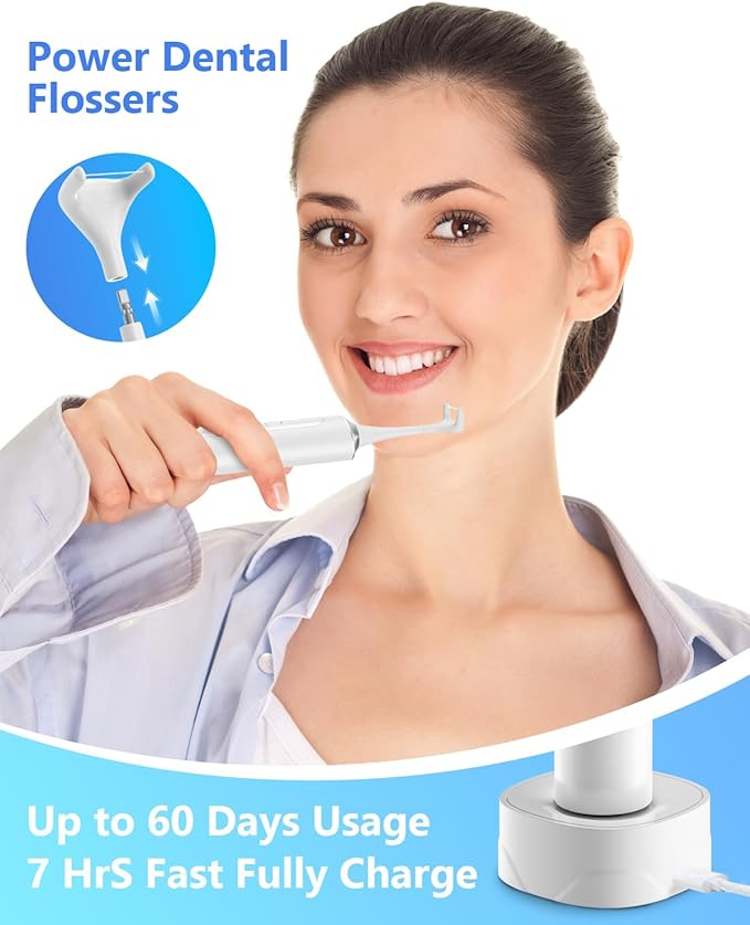 Rechargeable Electric Flosser – 4-Speed Dental Flosser with 60 Heads & Tongue Cleaner – contactless Charging Base for Adults & Kids – Dentist-Approved Gum Care & Water Flosser Alternative