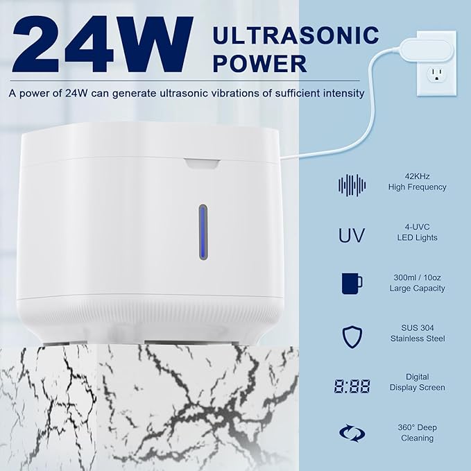 Ultrasonic Retainer Cleaner Machine, Dental Cleaning Pod for Dentures, Mouth Guard, Aligner, Night Guard, Jewelry, Braces, Ultra Sonic Cleaner for All Dental Appliances (White)