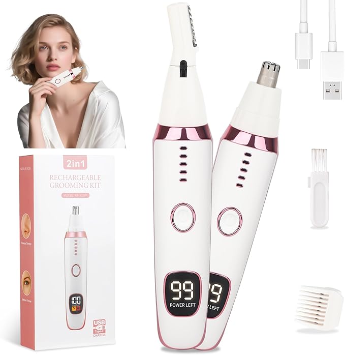 Nose and Ear Hair Trimmer for Women Men,2 in 1 LED Display Eyebrow Hair Trimmer with USB Rechargeable,2025 Portble Waterproof Facial Hair Removal with Dual-Edge Blades for Travel (Pink)
