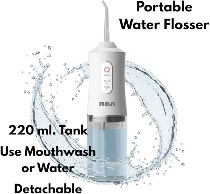 RCA Portable Water Flosser for Teeth & Gums – Cordless Rechargeable Oral Irrigator with 3 Pressure Levels, 4 Jet Tips & USB Tank – Travel Water Flosser for Teeth Cleaning (Light Blue)