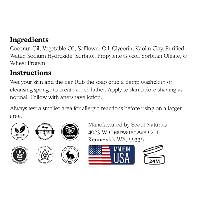 Seoul Naturals Shaving Bar Soap, Unscented with Kaolin Clay, k beauty, 5.5 oz