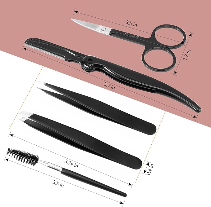 SetSail Professional 5-Piece Tweezers Set with Slant & Pointed Tips, Eyebrow Razor, Scissors, Spoolie - Black Stainless Steel Grooming Kit for Men & Women