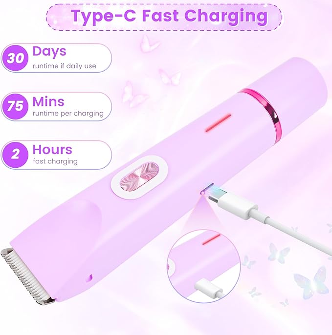 2 in 1 Bikini Trimmer for Women, Dual Head Electric Rozor, Facial Hair Removal, Ipx7 Waterproof Body Shaver for Bikini Face Armpit Pubic Hair Leg Back, Easy Cleaning, Ceramic Blade (Purple)