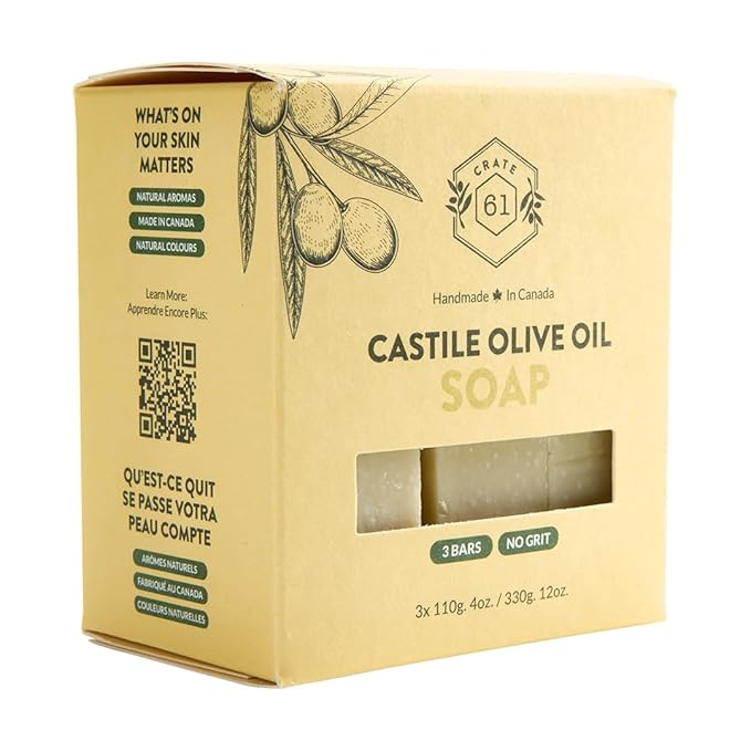 Crate 61, Handmade in Canada, Plant Based Cold Process Natural Bar Soap For Face And Body, With Premium Essential Oils, For Men And Women 3 Pack (Castile (Unscented))