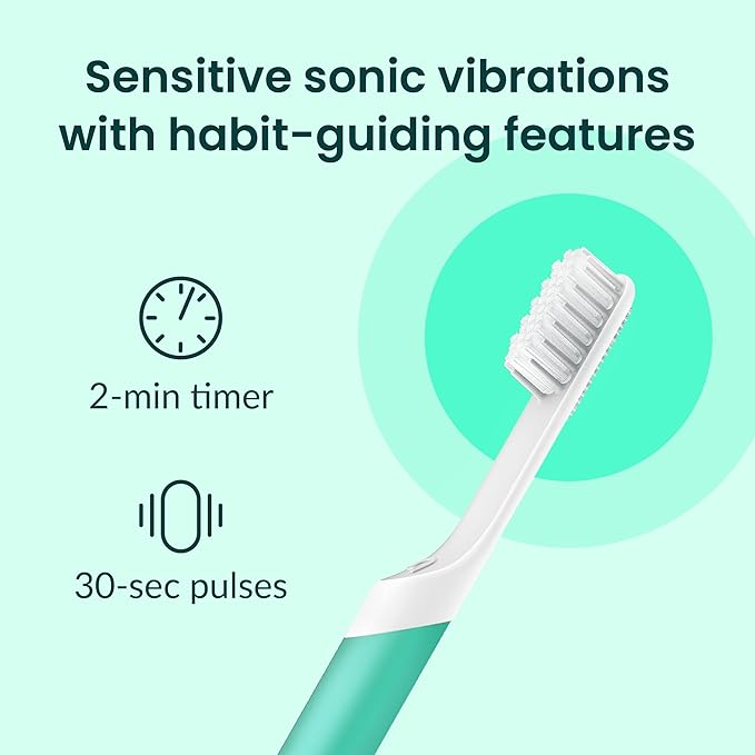 Quip Sonic Electric Toothbrush for Adults - Time Travel & Soft Bristles with Travel Case & Replacement Brush Head - 3 Month Battery Life, Plastic Handle - Green