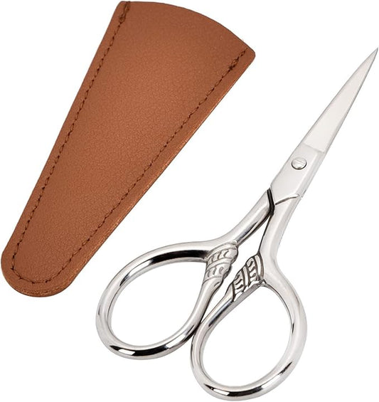 Small Facial Hair Scissors, Stainless steel (silver) Straight Tip Snips Beauty Grooming Kit for Eyebrows, Beard, Ear, Nose, Moustache Trimming with PU Case