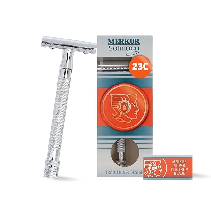 MERKUR 23C Double Edge Safety Razor - Polished Chrome, Long Knurled Brass Handle, Made in Germany, Plastic-Free, Three Piece Design, Closed Comb, Straight Bar