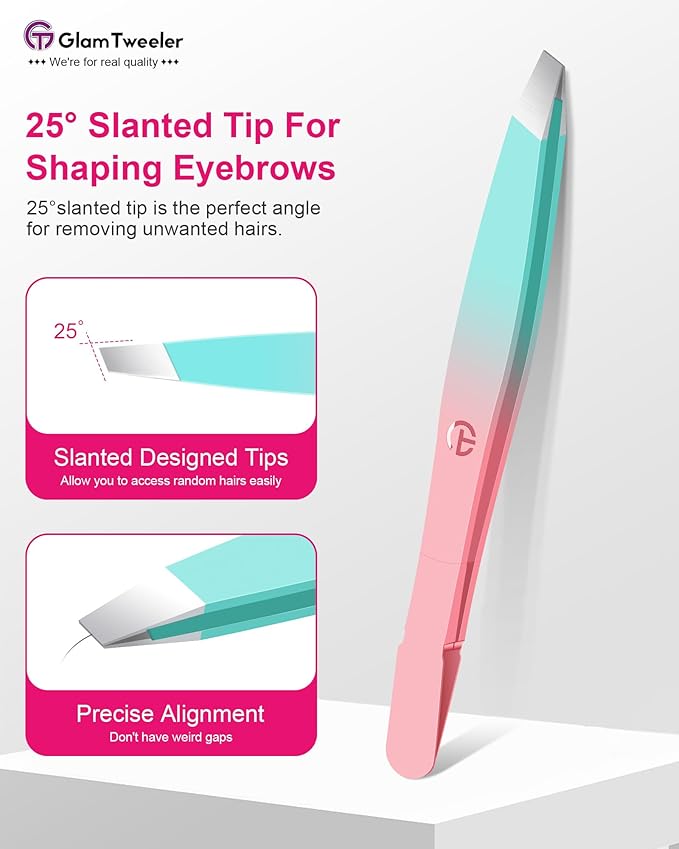 Exclusive G-01 Slant Tip Tweezers, GlamTweeler High Precison Expert Eyebrow and Facial Hair Removal Tweezer with Leather Storage & Carrying Case