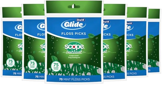 Oral-B Complete Glide Dental Floss Picks Plus Scope Outlast, Long Lasting Mint, 75 Dental Floss Picks, Pack of 6