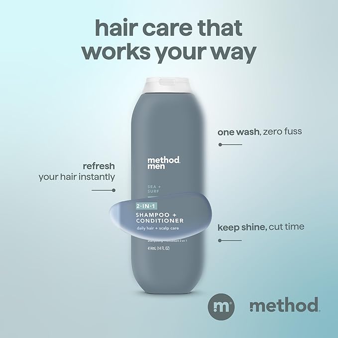 Method Men 2-in-1 Shampoo and Conditioner, Sea + Surf - Cleans and Conditions with Argan and Jojoba Oil - Paraben Free and Silicone Free - 14 Fl Oz, Pack of 3