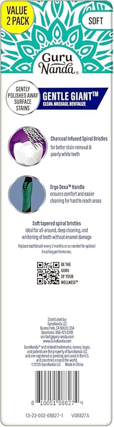 GuruNanda Gentle Giant Charcoal Toothbrush - Dual Action Flossing Spiral Bristles, Non-Slip Ergo Dexa Grip Handle, Helps in Teeth Whitening, BPA Free, 2ct (Pack of 3)
