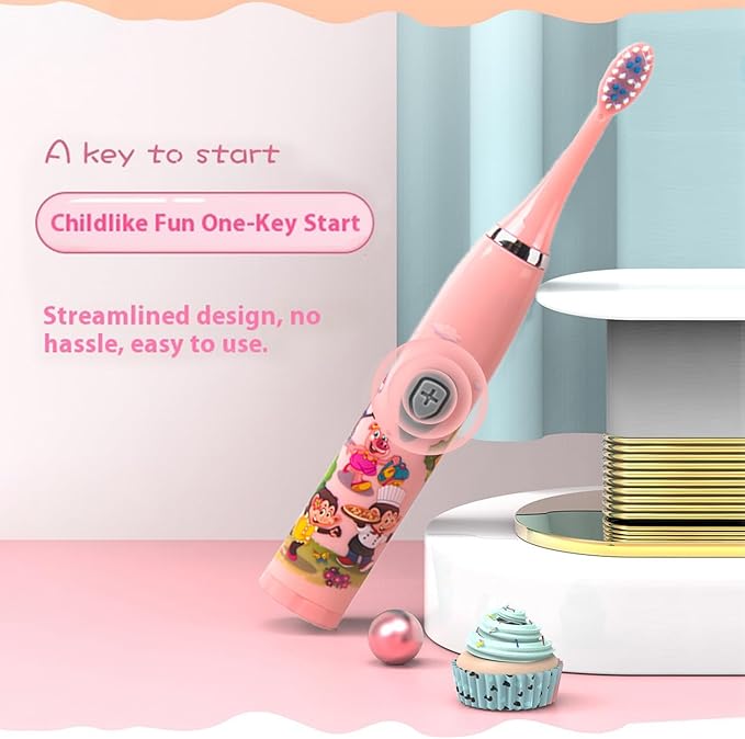 Kids Battery Powered Sonic Toothbrush with 3 Brush Heads, 1 AA Battery - Soft Bristles, IPX Waterproof, 2 Mins Timer, Blue/Pink