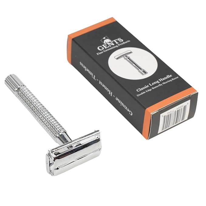 GENTS Long Handle Classic Double Edge Safety Razor - Butterfly Open Razor 10 Stainless Steel Double Edge Blade Refills - Close, Clean Shaving Razor for Men