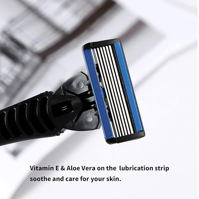6-Blade Razor,Plastic Anti-slip Men Manual Refill Cartridges razors, Reusable Face Cleansing Care Tool, 30 pcs refill cartridges, Shave Supplies for Men and Women - Black