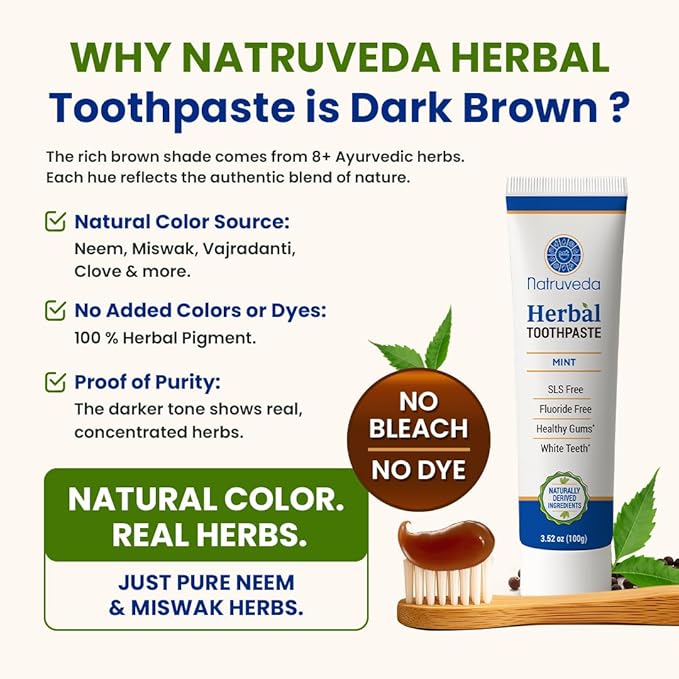 Natruveda Neem Herbal Toothpaste with Complimentary Copper Tongue Scraper | Fluoride Free, SLS Free, Natural Toothpaste for Adults | Ayurvedic Oral Care with Miswak | 3.52 oz (2 Pack)