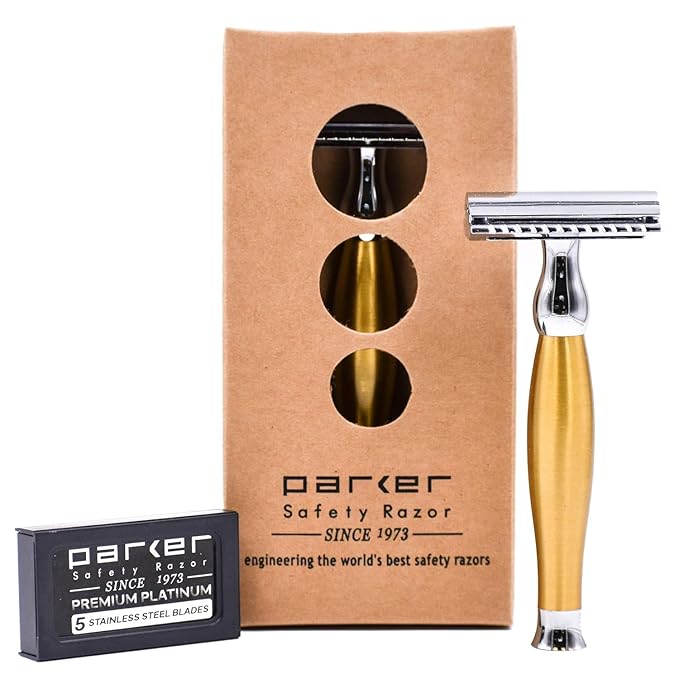 Parker 48R Heavyweight 3-Piece Double Edge Razor – Matte Gold Finish with 5 Premium Platinum Double Edge Razor Blades - Delivers a Barber Shop Quality Shave