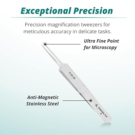 Excelta Ultra Fine Point Tweezers, Mini Straight Tapered For Microscopy, 4.25" Anti-Magnetic Stainless Steel, Basic