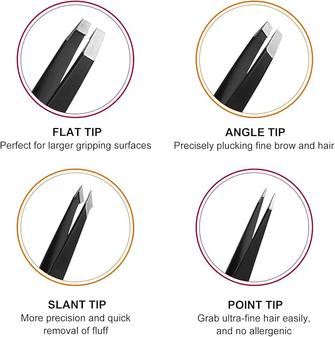 SetSail 4-Piece Tweezers Set, Eyebrow Tweezers Black Stainless Steel Slant, Slanted Pointed, Round Pointed & Flat Tip Tweezers for Precision Grooming for Women & Men