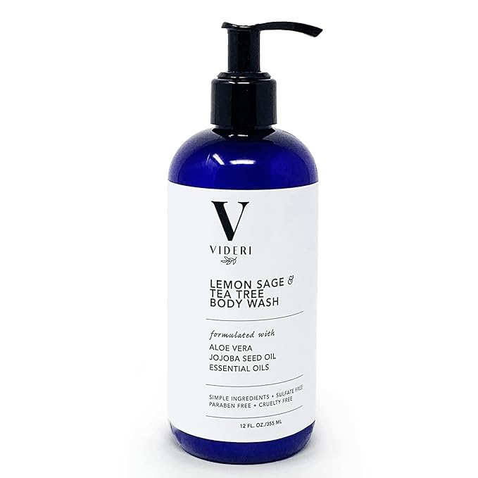 Sulfate Free Body Wash for Sensitive Skin Lemon Sage & Tea Tree Body Wash - Essential Oils, Aloe Vera & Jojoba - Antioxidant Rich, Gentle on Skin & Fresh Citrus Scent - Large 12 fl oz